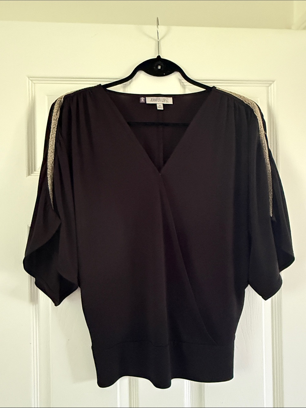 Jennifer Lopez Black V-Neck Dolman Top with Gold Shoulder Trim